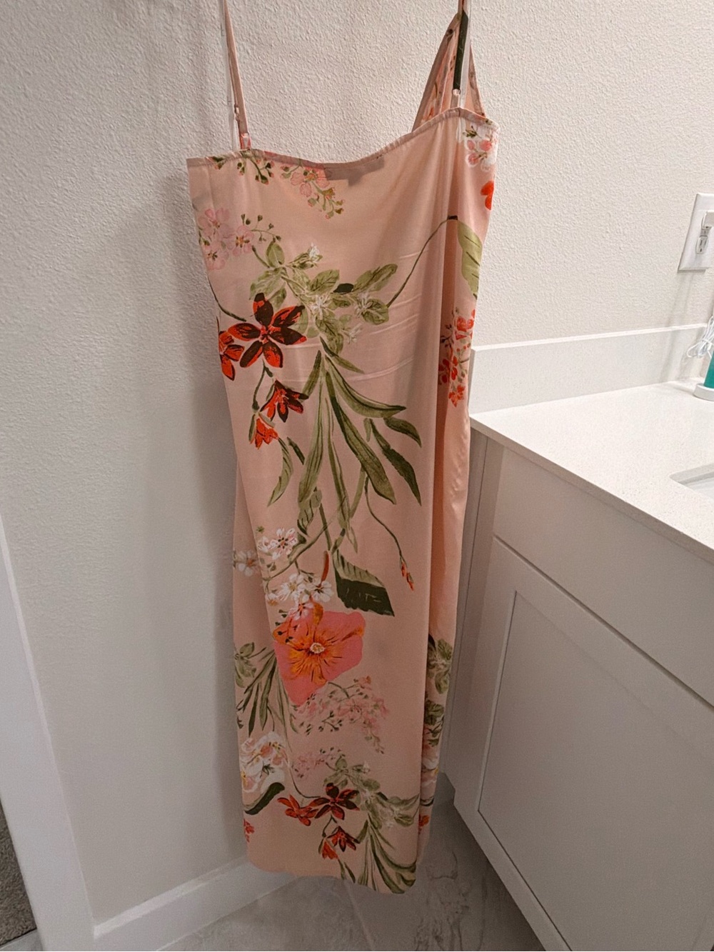 Lulu's Pink Floral Satin Midi Dress with Coral & Green Print - Picture 6 of 6